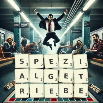 Kreative Illustration für ein Scrabble-Spiel, bei dem das Wort SPEZIALGETRIEBE mit Steinen auf dem Brett gelegt wurde.