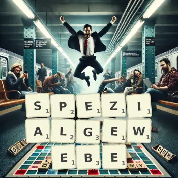Kreative Illustration für ein Scrabble-Spiel, bei dem das Wort SPEZIALGEWEBE mit Steinen auf dem Brett gelegt wurde.