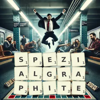 Kreative Illustration für ein Scrabble-Spiel, bei dem das Wort SPEZIALGRAPHITE mit Steinen auf dem Brett gelegt wurde.