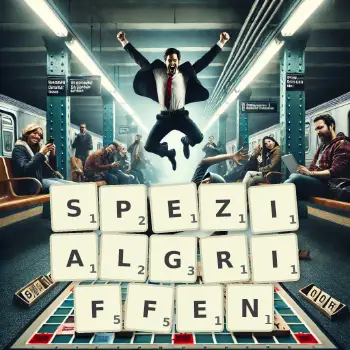 Kreative Illustration für ein Scrabble-Spiel, bei dem das Wort SPEZIALGRIFFEN mit Steinen auf dem Brett gelegt wurde.