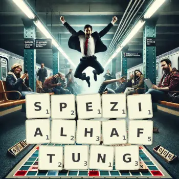 Kreative Illustration für ein Scrabble-Spiel, bei dem das Wort SPEZIALHAFTUNG mit Steinen auf dem Brett gelegt wurde.