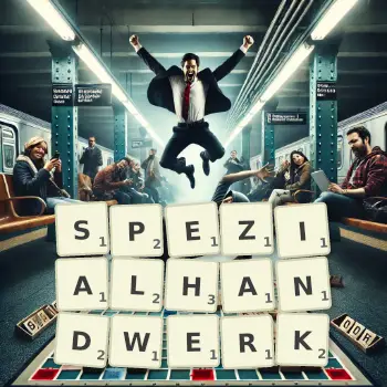 Kreative Illustration für ein Scrabble-Spiel, bei dem das Wort SPEZIALHANDWERK mit Steinen auf dem Brett gelegt wurde.