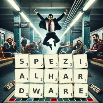 Kreative Illustration für ein Scrabble-Spiel, bei dem das Wort SPEZIALHARDWARE mit Steinen auf dem Brett gelegt wurde.