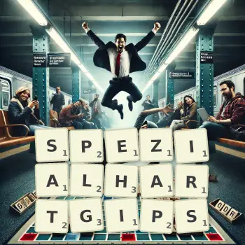 Kreative Illustration für ein Scrabble-Spiel, bei dem das Wort SPEZIALHARTGIPS mit Steinen auf dem Brett gelegt wurde.
