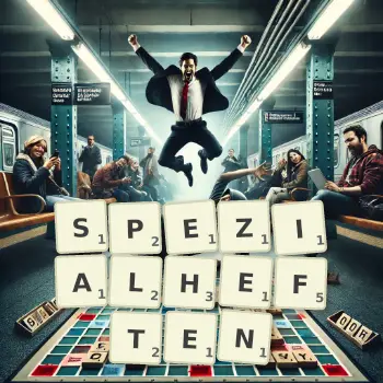 Kreative Illustration für ein Scrabble-Spiel, bei dem das Wort SPEZIALHEFTEN mit Steinen auf dem Brett gelegt wurde.