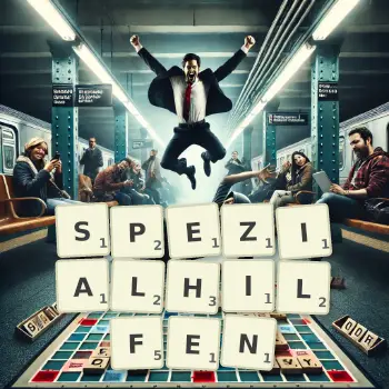Kreative Illustration für ein Scrabble-Spiel, bei dem das Wort SPEZIALHILFEN mit Steinen auf dem Brett gelegt wurde.