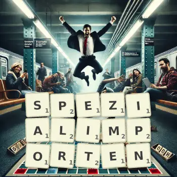Kreative Illustration für ein Scrabble-Spiel, bei dem das Wort SPEZIALIMPORTEN mit Steinen auf dem Brett gelegt wurde.