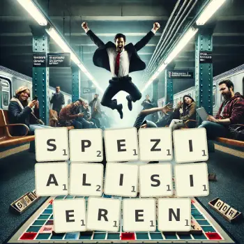 Kreative Illustration für ein Scrabble-Spiel, bei dem das Wort SPEZIALISIEREN mit Steinen auf dem Brett gelegt wurde.