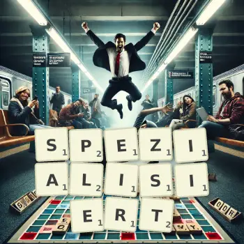 Kreative Illustration für ein Scrabble-Spiel, bei dem das Wort SPEZIALISIERT mit Steinen auf dem Brett gelegt wurde.