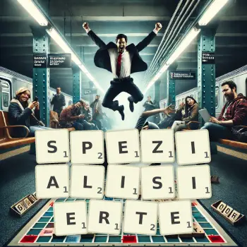 Kreative Illustration für ein Scrabble-Spiel, bei dem das Wort SPEZIALISIERTE mit Steinen auf dem Brett gelegt wurde.