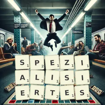 Kreative Illustration für ein Scrabble-Spiel, bei dem das Wort SPEZIALISIERTES mit Steinen auf dem Brett gelegt wurde.