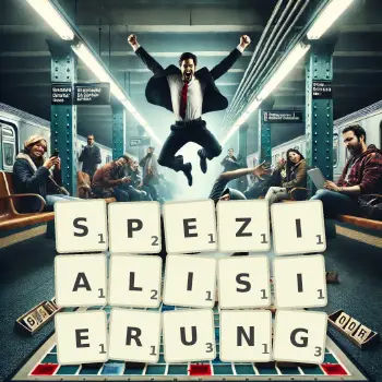 Kreative Illustration für ein Scrabble-Spiel, bei dem das Wort SPEZIALISIERUNG mit Steinen auf dem Brett gelegt wurde.