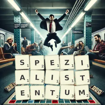 Kreative Illustration für ein Scrabble-Spiel, bei dem das Wort SPEZIALISTENTUM mit Steinen auf dem Brett gelegt wurde.