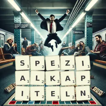 Kreative Illustration für ein Scrabble-Spiel, bei dem das Wort SPEZIALKAPITELN mit Steinen auf dem Brett gelegt wurde.