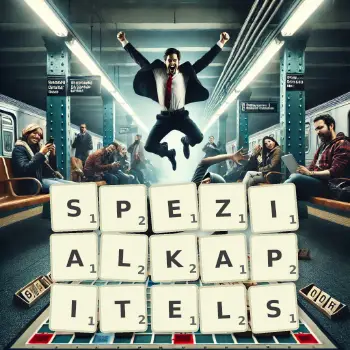 Kreative Illustration für ein Scrabble-Spiel, bei dem das Wort SPEZIALKAPITELS mit Steinen auf dem Brett gelegt wurde.