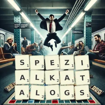 Kreative Illustration für ein Scrabble-Spiel, bei dem das Wort SPEZIALKATALOGS mit Steinen auf dem Brett gelegt wurde.