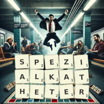 Kreative Illustration für ein Scrabble-Spiel, bei dem das Wort SPEZIALKATHETER mit Steinen auf dem Brett gelegt wurde.