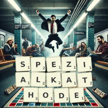 Kreative Illustration für ein Scrabble-Spiel, bei dem das Wort SPEZIALKATHODE mit Steinen auf dem Brett gelegt wurde.