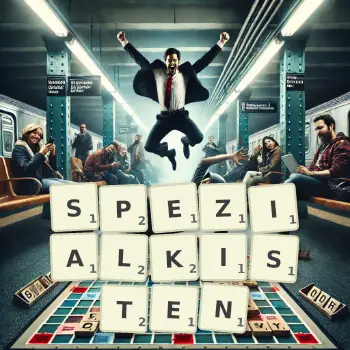 Kreative Illustration für ein Scrabble-Spiel, bei dem das Wort SPEZIALKISTEN mit Steinen auf dem Brett gelegt wurde.