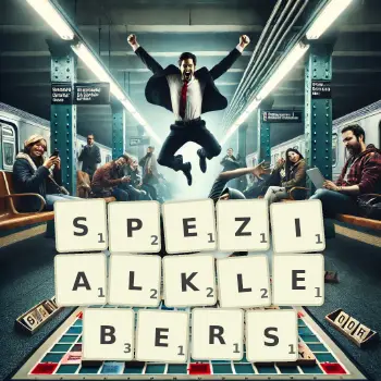 Kreative Illustration für ein Scrabble-Spiel, bei dem das Wort SPEZIALKLEBERS mit Steinen auf dem Brett gelegt wurde.