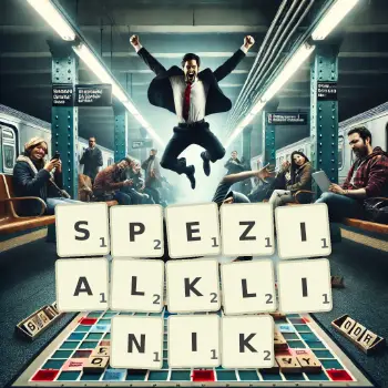 Kreative Illustration für ein Scrabble-Spiel, bei dem das Wort SPEZIALKLINIK mit Steinen auf dem Brett gelegt wurde.