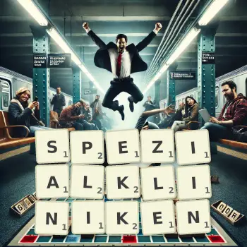 Kreative Illustration für ein Scrabble-Spiel, bei dem das Wort SPEZIALKLINIKEN mit Steinen auf dem Brett gelegt wurde.