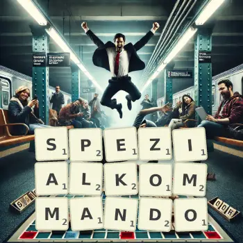 Kreative Illustration für ein Scrabble-Spiel, bei dem das Wort SPEZIALKOMMANDO mit Steinen auf dem Brett gelegt wurde.