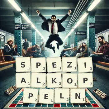 Kreative Illustration für ein Scrabble-Spiel, bei dem das Wort SPEZIALKOPPELN mit Steinen auf dem Brett gelegt wurde.