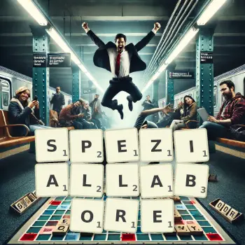 Kreative Illustration für ein Scrabble-Spiel, bei dem das Wort SPEZIALLABORE mit Steinen auf dem Brett gelegt wurde.