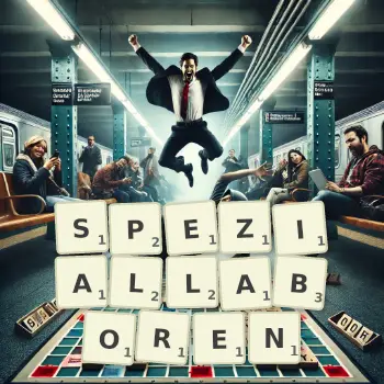 Kreative Illustration für ein Scrabble-Spiel, bei dem das Wort SPEZIALLABOREN mit Steinen auf dem Brett gelegt wurde.