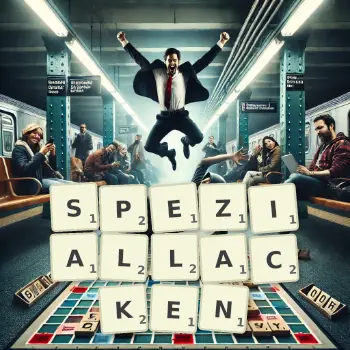 Kreative Illustration für ein Scrabble-Spiel, bei dem das Wort SPEZIALLACKEN mit Steinen auf dem Brett gelegt wurde.