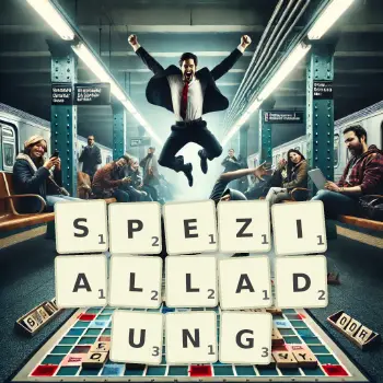 Kreative Illustration für ein Scrabble-Spiel, bei dem das Wort SPEZIALLADUNG mit Steinen auf dem Brett gelegt wurde.