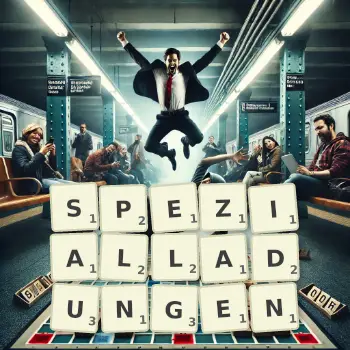 Kreative Illustration für ein Scrabble-Spiel, bei dem das Wort SPEZIALLADUNGEN mit Steinen auf dem Brett gelegt wurde.