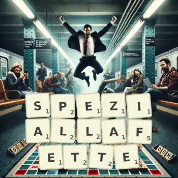 Kreative Illustration für ein Scrabble-Spiel, bei dem das Wort SPEZIALLAFETTE mit Steinen auf dem Brett gelegt wurde.