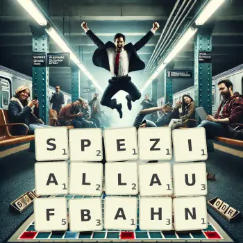 Kreative Illustration für ein Scrabble-Spiel, bei dem das Wort SPEZIALLAUFBAHN mit Steinen auf dem Brett gelegt wurde.