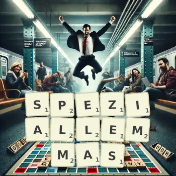 Kreative Illustration für ein Scrabble-Spiel, bei dem das Wort SPEZIALLEMMAS mit Steinen auf dem Brett gelegt wurde.