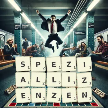 Kreative Illustration für ein Scrabble-Spiel, bei dem das Wort SPEZIALLIZENZEN mit Steinen auf dem Brett gelegt wurde.