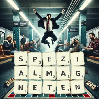 Kreative Illustration für ein Scrabble-Spiel, bei dem das Wort SPEZIALMAGNETEN mit Steinen auf dem Brett gelegt wurde.