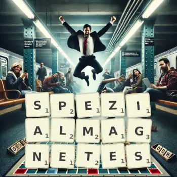 Kreative Illustration für ein Scrabble-Spiel, bei dem das Wort SPEZIALMAGNETES mit Steinen auf dem Brett gelegt wurde.