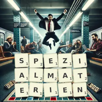 Kreative Illustration für ein Scrabble-Spiel, bei dem das Wort SPEZIALMATERIEN mit Steinen auf dem Brett gelegt wurde.