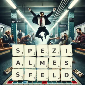 Kreative Illustration für ein Scrabble-Spiel, bei dem das Wort SPEZIALMESSFELD mit Steinen auf dem Brett gelegt wurde.