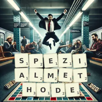 Kreative Illustration für ein Scrabble-Spiel, bei dem das Wort SPEZIALMETHODE mit Steinen auf dem Brett gelegt wurde.