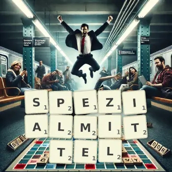Kreative Illustration für ein Scrabble-Spiel, bei dem das Wort SPEZIALMITTEL mit Steinen auf dem Brett gelegt wurde.