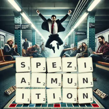 Kreative Illustration für ein Scrabble-Spiel, bei dem das Wort SPEZIALMUNITION mit Steinen auf dem Brett gelegt wurde.