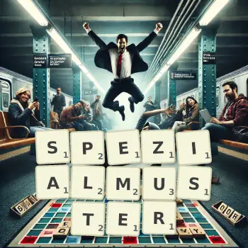 Kreative Illustration für ein Scrabble-Spiel, bei dem das Wort SPEZIALMUSTER mit Steinen auf dem Brett gelegt wurde.