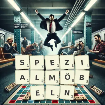 Kreative Illustration für ein Scrabble-Spiel, bei dem das Wort SPEZIALMÖBELN mit Steinen auf dem Brett gelegt wurde.