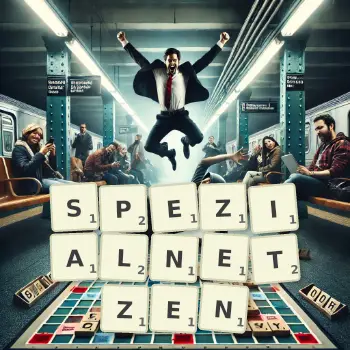 Kreative Illustration für ein Scrabble-Spiel, bei dem das Wort SPEZIALNETZEN mit Steinen auf dem Brett gelegt wurde.