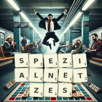 Kreative Illustration für ein Scrabble-Spiel, bei dem das Wort SPEZIALNETZES mit Steinen auf dem Brett gelegt wurde.
