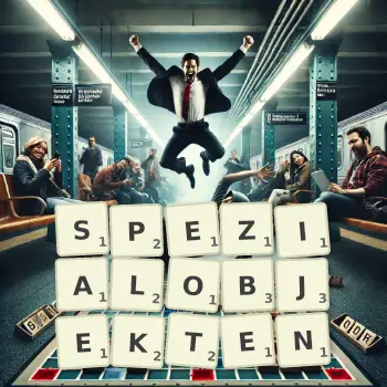 Kreative Illustration für ein Scrabble-Spiel, bei dem das Wort SPEZIALOBJEKTEN mit Steinen auf dem Brett gelegt wurde.