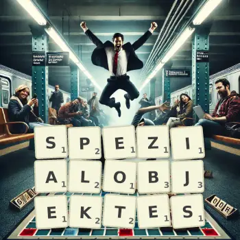 Kreative Illustration für ein Scrabble-Spiel, bei dem das Wort SPEZIALOBJEKTES mit Steinen auf dem Brett gelegt wurde.